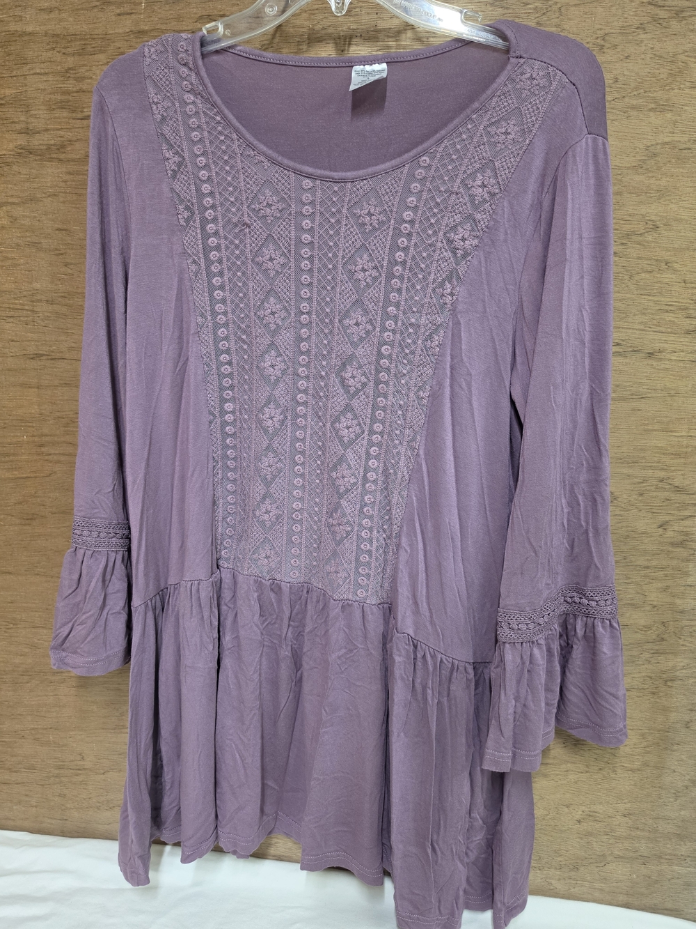 Mauve Women's Boho Peasant Tunic Top With Lace Front Panel And Bell Sleeves L